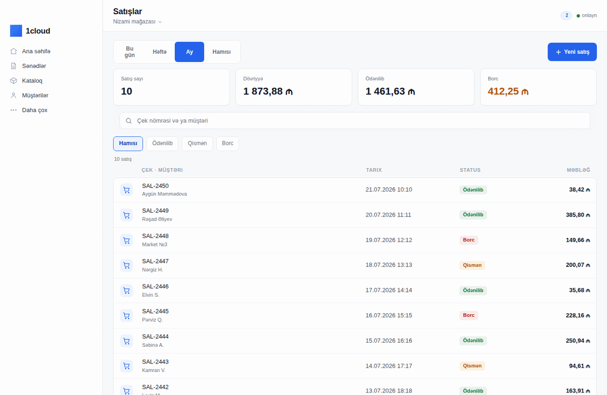 1cloud masaüstü — Satışlar siyahısı